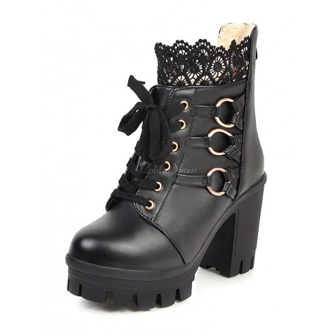 スウィートロリータブーツブラックレースラウンドトゥPUレザーチャンキーヒールロリータシューズ