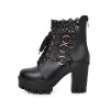 スウィートロリータブーツブラックレースラウンドトゥPUレザーチャンキーヒールロリータシューズ