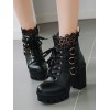 スウィートロリータブーツブラックレースラウンドトゥPUレザーチャンキーヒールロリータシューズ