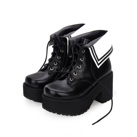 クラシックロリータブーツ2トーンラウンドトゥプラットフォームロリータシューズをレース