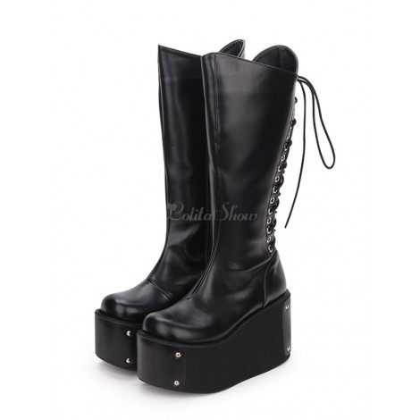ゴシックロリータブーツメタリックレースアップジッパープラットフォームブラックロリータシューズ