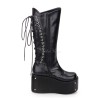 ゴシックロリータブーツメタリックレースアップジッパープラットフォームブラックロリータシューズ