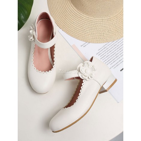 甘いロリータシューズ花フリルメアリージェーンシューズPUレザー子犬かかとロリータパンプス