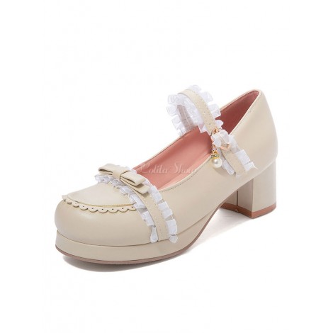 スウィートロリータシューズレースパールボウラウンドトゥPUレザーロリータパンプス