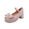 スウィートロリータパンプスピンクボウパールPUレザーチャンキーヒールロリータシューズ