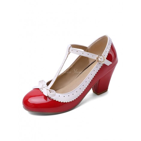 甘いロリータシューズボウTストラップPUレザー子犬ヒールロリータパンプス