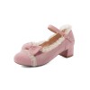 甘いロリータシューズピンクボウレースマイクロスエードアッパー子犬ヒールロリータパンプス