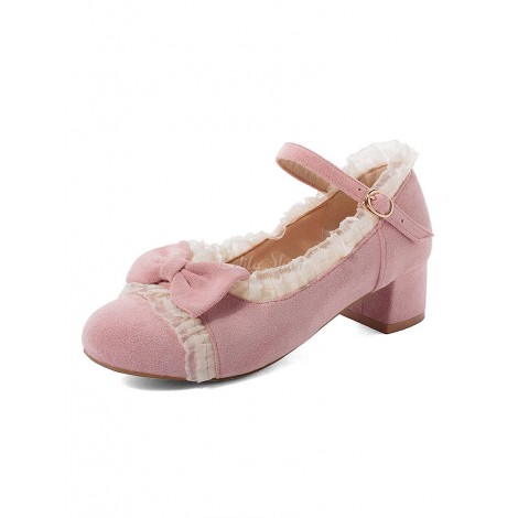 甘いロリータシューズピンクボウレースマイクロスエードアッパー子犬ヒールロリータパンプス