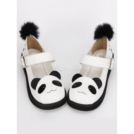 甘いロリータ シューズ ブラック黒の毛皮で覆われたボールと白いパンダ メアリー ジェーン † プラットホームの靴