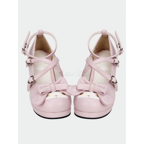 甘いロリータ靴かかとの特殊形ピンクのクロス弓ハイヒール ポンプかわいい足首ストラップ付きロリータ シューズ