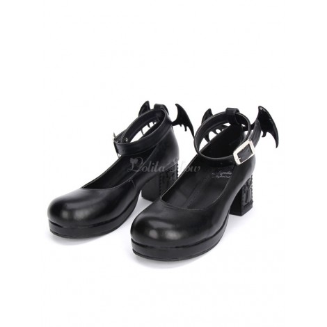 † ゴシックロリータ † 靴黒い十字のメアリー ジェーン足首ストラップ ゴシック ・ ロリータ靴子猫かかと邪悪な翼を持つポンプ
