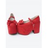 ロリィタ靴　レッド　ウェッジソール　丸いつま先　リボン柄　ハロウィン　可愛い