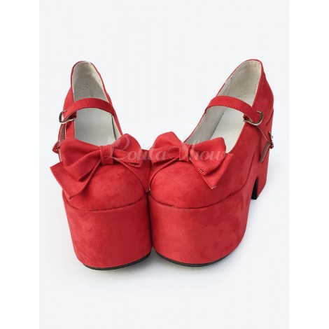 ロリィタ靴　レッド　ウェッジソール　丸いつま先　リボン柄　ハロウィン　可愛い