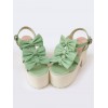 ロリィタ靴　ライトグリーン　チャンキーヒール　リボン柄　ハロウィン　可愛い　丸いつま先