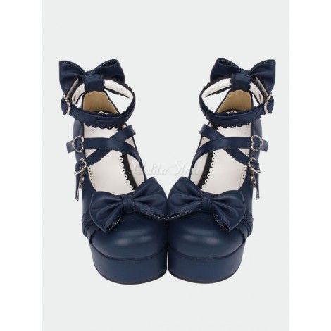 ネイビー ブルー ロリータ分厚いポニーかかと靴プラットフォーム足首ストラップ弓ハート形バックル