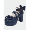 ネイビー ブルー ロリータ分厚いポニーかかと靴プラットフォーム足首ストラップ弓ハート形バックル