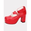 赤いロリータ分厚いポニーかかと靴プラットフォーム足首ストラップ ハート形の装飾バックル丸いつま先