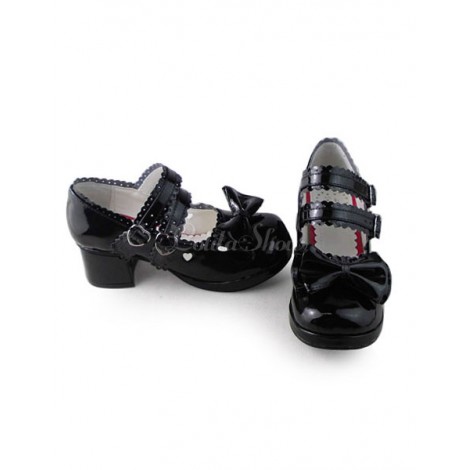ロリィタシューズ　ブラック　パンプス　チャンキーヒール　丸いつま先　パーティー　可愛い