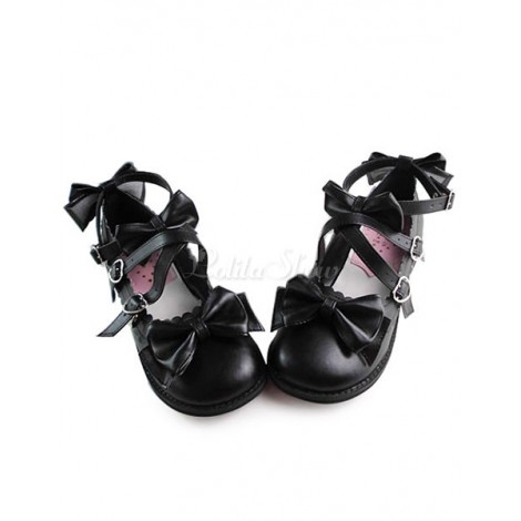 ロリィタシューズ　ブラック　パンプス　チャンキーヒール　丸いつま先　パーティー　可愛い