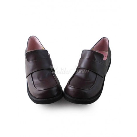 ロリィタ靴　ダークチョコレートカラー　チャンキーヒール　ロートップシューズ　パーティー　可愛い　丸いつま先