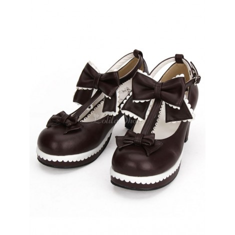 ロリィタ靴　ブラウン　丸いつま先　PU　キトンヒール