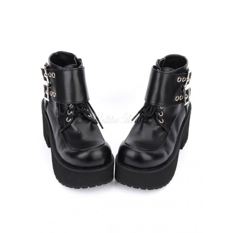 ロリィタ靴　ブラック　PU　丸いつま先　祝日