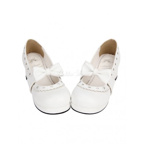 ロリィタフットウェア　ホワイト　丸いつま先　PU　チャンキーヒール　ハート柄