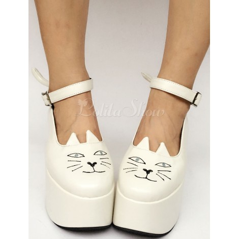 ロリィタフットウェア　ホワイト　無地　丸いつま先　PU