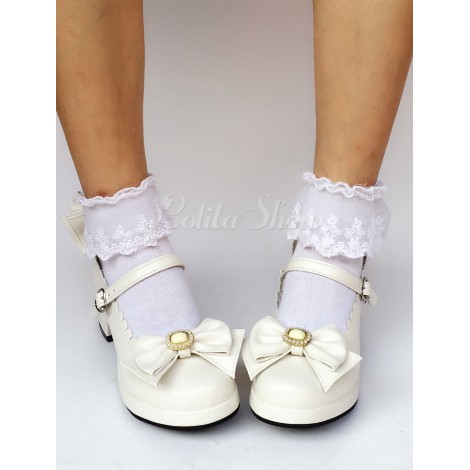 ロリィタ靴　ホワイト　無地　PU　丸いつま先　チャンキーヒール
