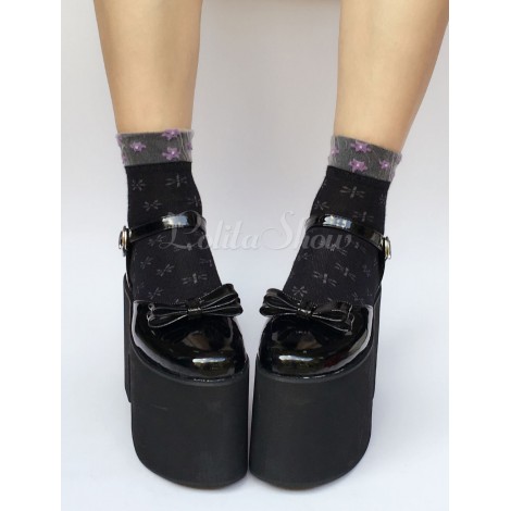 プラットフォーム ロリータ靴黒チャンキーヒール アンクルス トラップ ロリータ パンプス リボン付き