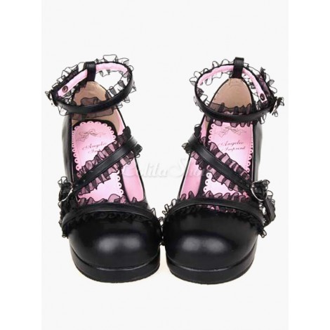 ロリィタ靴　ブラック　カジュアル　PU　丸いつま先