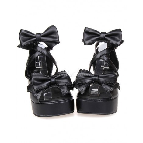 ロリータ靴　サンダル　ブラック　6cm　リボン　単色　厚底