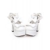 ホワイト　ロリィタ靴　リボン　プラットフォーム　アンクルストラップ　リボン　ハートバックル　チャンキーヒール
