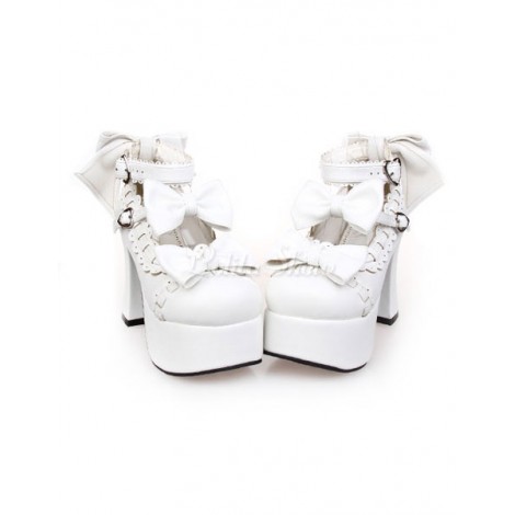 ホワイト　ロリィタ靴　リボン　プラットフォーム　アンクルストラップ　リボン　ハートバックル　チャンキーヒール