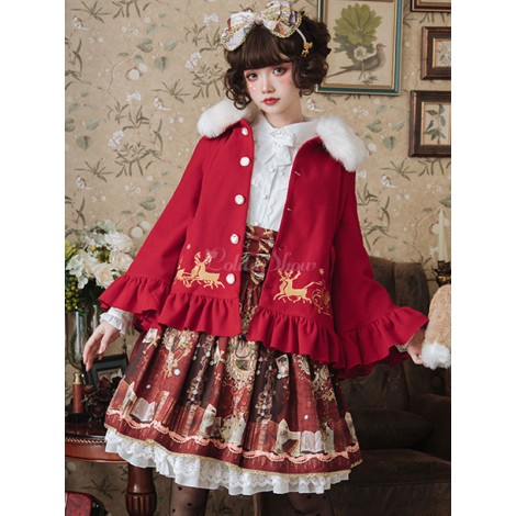 甘いロリータコートレッドボウフリルポリエステルオーバーコート秋ロリータアウター