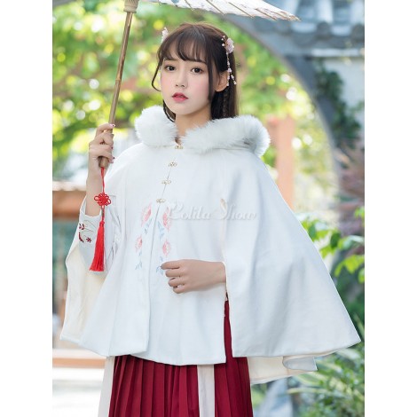 中国風ロリータケープ花刺繍入り毛皮フードホワイトロリータポンチョ