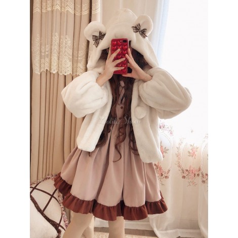 甘いロリータオーバーコートミルクコーヒーベアボウフード付きフェイクファーロリータコート