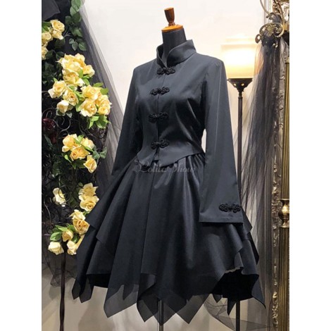 ゴシックロリータコートブラックウーブンコットンブレンドトップロリータアウター