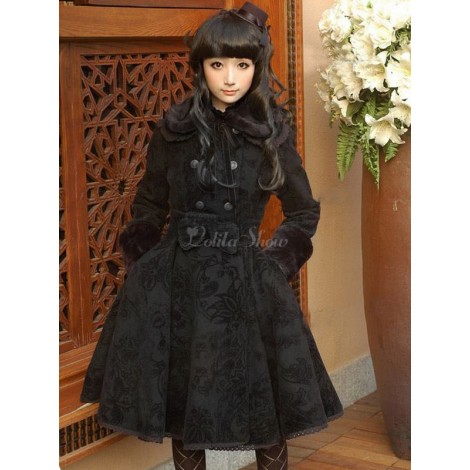 クラシックロリータオーバーコートボウジャカードドリンクブラックウールロリータコート