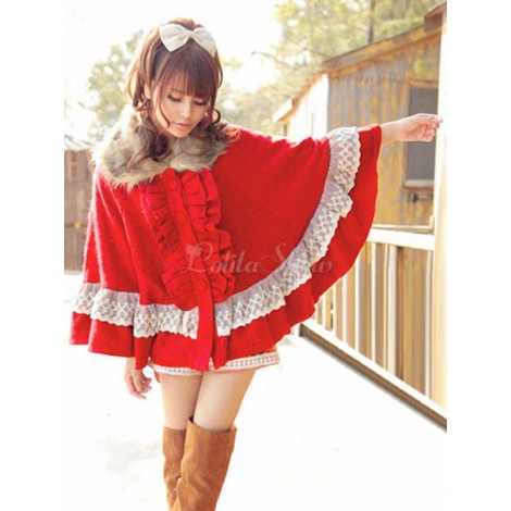 スウィートロリータポンチョコートレースフリルフリルレッドウールロリータケープ