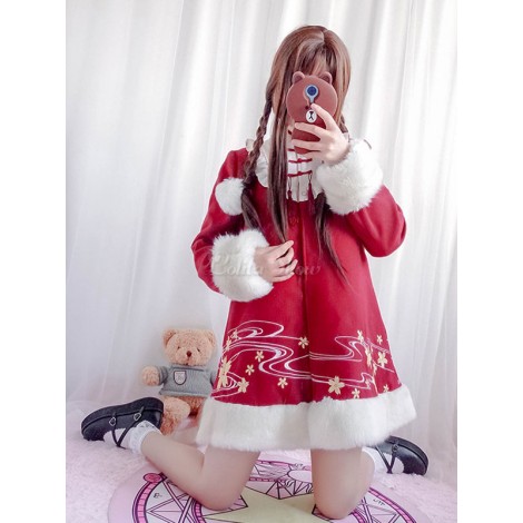 中国スタイルロリータコートタッセル刺繍毛皮2トーンレッドロリータウィンターコート