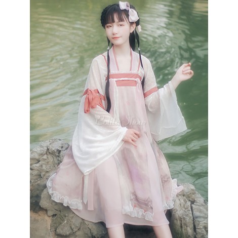 中国風ロリータ衣装ピンクジャカードフリルストラップ付き長袖シャツドレス