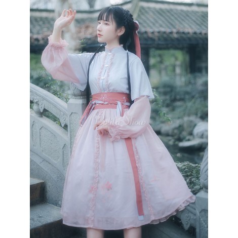 甘いロリータ衣装ピンクのフリルストラップボタン長袖ドレスシャツ