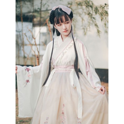 中国風ロリータ衣装プール夏エクリュホワイトフリル刺繍長袖トップドレス
