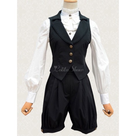 ロリィタ服　セット　ブラック　ポプリン　無地　ノースリーブ　折り襟　クラシック＆トラディション　カジュアル　チョッキ&ショーツ