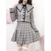アカデミックロリータ衣装ライトグレーボタンプリーツボウチェック柄長袖ミニスカートオーバーコート