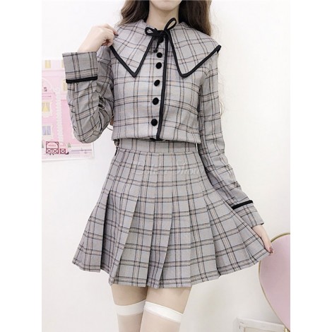 アカデミックロリータ衣装ライトグレーボタンプリーツボウチェック柄長袖ミニスカートオーバーコート