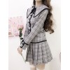 アカデミックロリータ衣装ライトグレーボタンプリーツボウチェック柄長袖ミニスカートオーバーコート