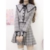 アカデミックロリータ衣装ライトグレーボタンプリーツボウチェック柄長袖ミニスカートオーバーコート