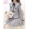 アカデミックロリータ衣装ライトグレーボタンプリーツボウチェック柄長袖ミニスカートオーバーコート